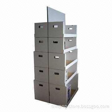 Cardboard pallet display, 10PDQ stackup to show different size of items, load 150kgs, strong, stable